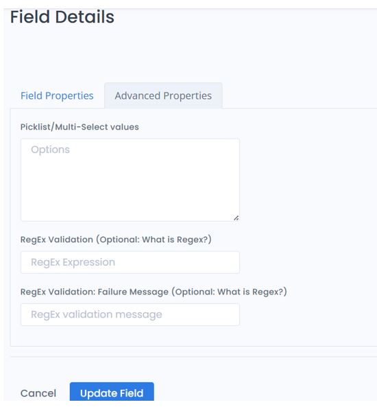 Field validation settings with required and regex options